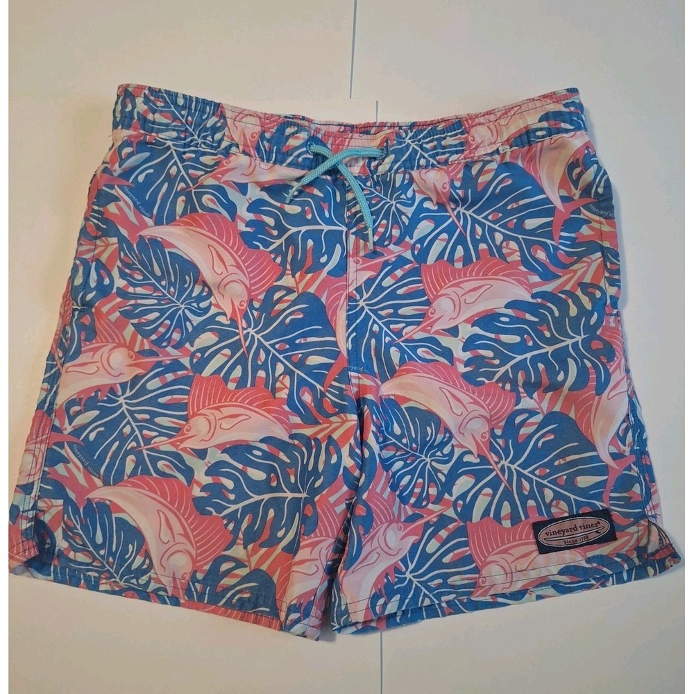Vineyard Vines Boys S 8-10 Chappy Swim Trunks Pink Blue Swordfish Tropical